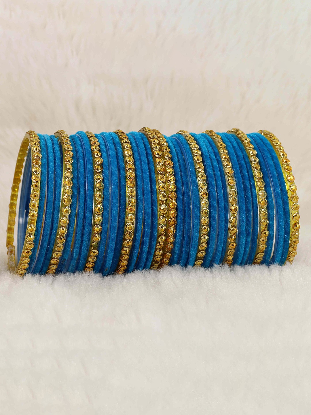 

ZULKA Set Of 34 Glass & Golden Beads Velvet Bangle, Blue