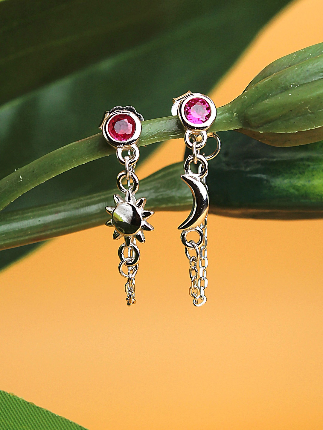 

DEVASHREE 925 Silver Ruby Cubic Zirconia Studded Contemporary Shaped Drop Earrings