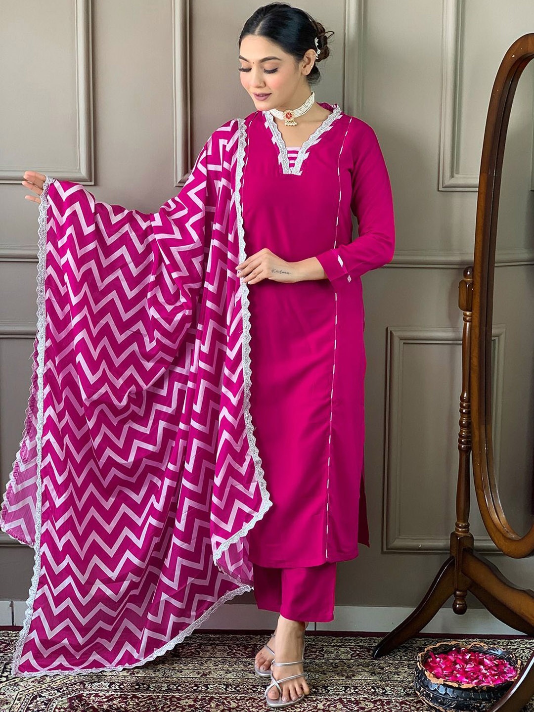 

KALINI Embroidered Panelled V Neck Kurta With Trousers & Dupatta, Pink