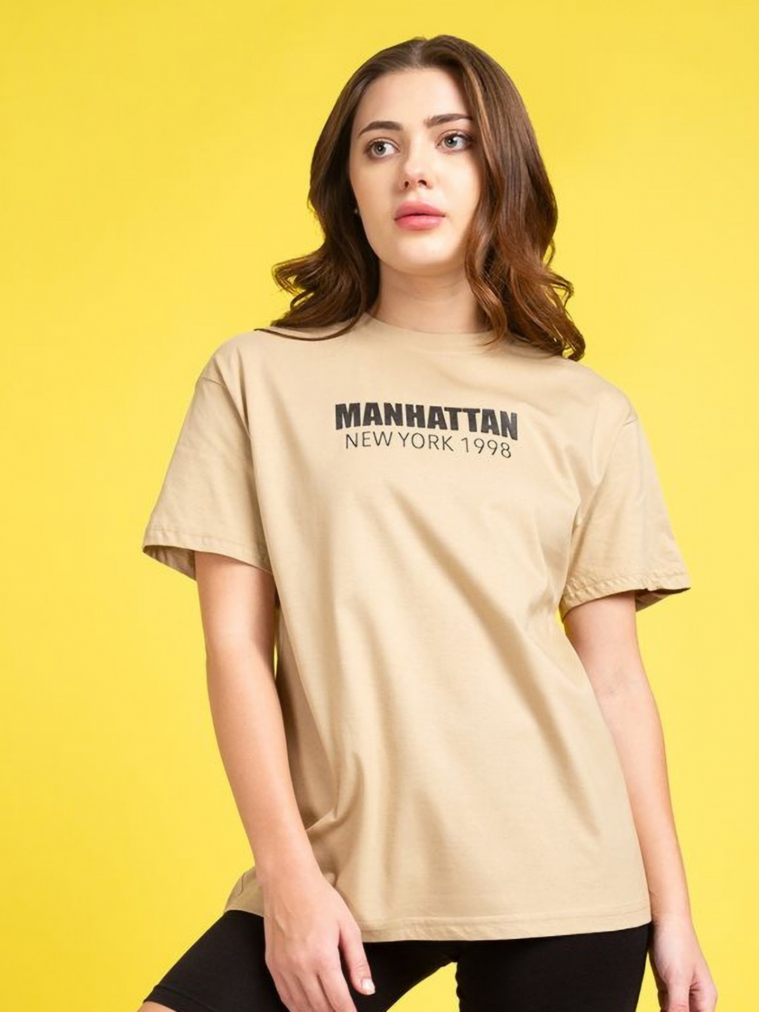 

Mast & Harbour Women Relaxed Fit Graphic Printed Round Neck Cotton T-shirt, Beige