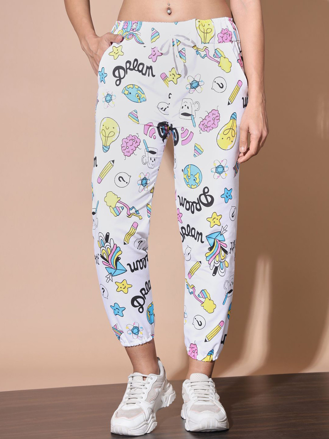 

DIMPY GARMENTS Women Tie and Dye Printed Comfort Slim Fit Joggers Trousers, White