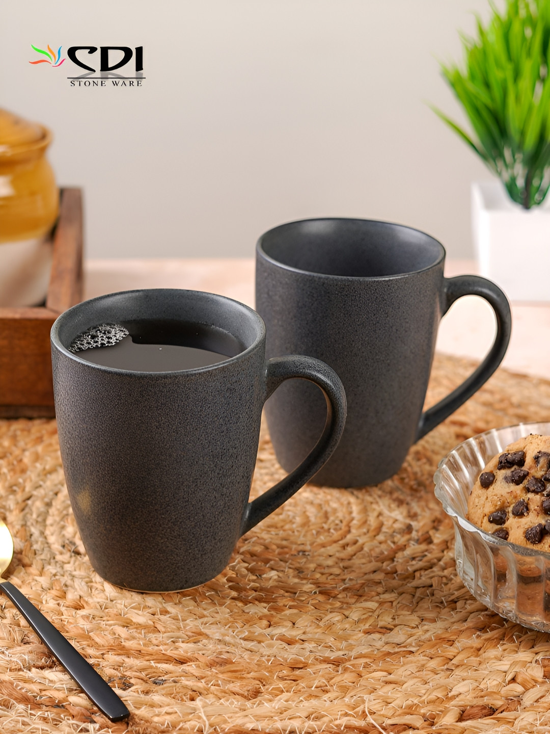 

CDI Black 2 Pieces Textured Ceramic Glossy Mugs 300 ml Each