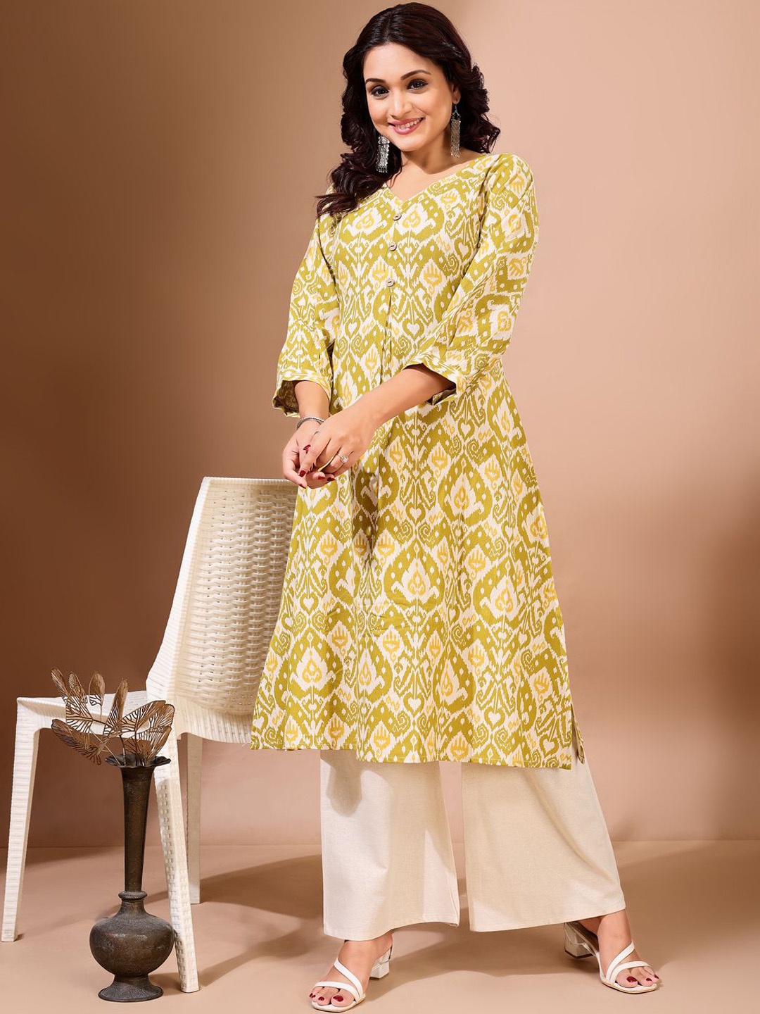 

KALINI Ethnic Motifs Printed Pure Cotton V-Neck A-Line Kurta With Palazzos, Yellow