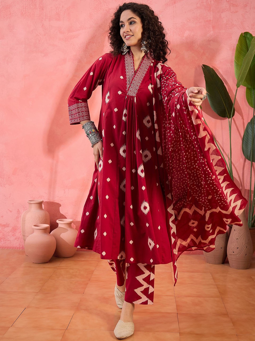 

Sangria Geometric Printed V-Neck Pleated Pure Cotton A-Line Kurta With Trouser And Dupatta, Maroon