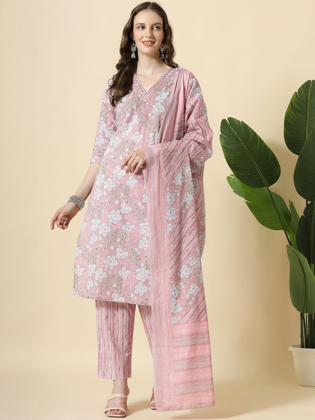 

Yufta Floral Printed V-Neck Thread Work Pure Cotton Straight Kurta With Trousers & Dupatta, Pink