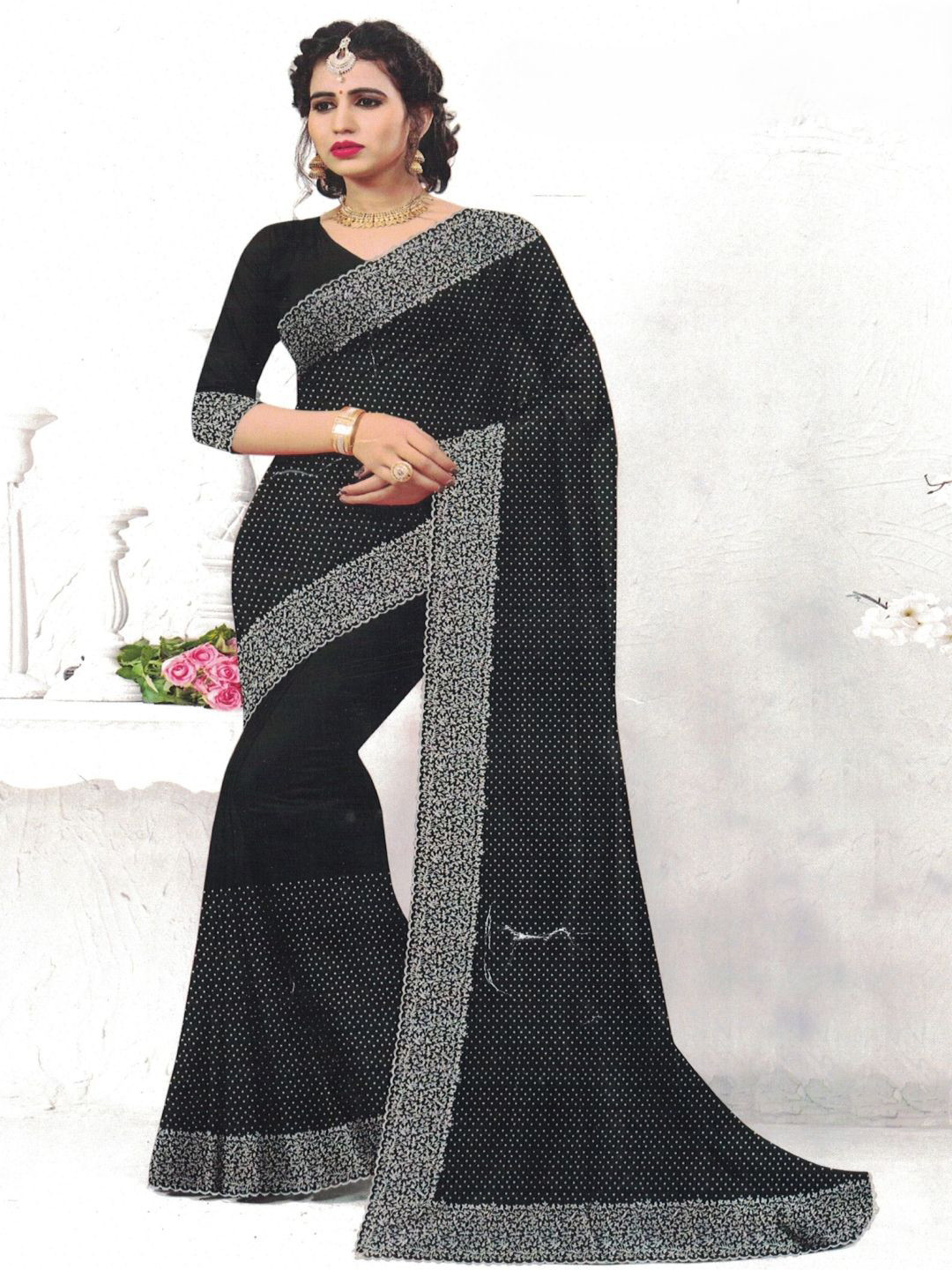 

SHOPPKEE Floral Sequinned Poly Chiffon Heavy Work Chanderi Saree, Black