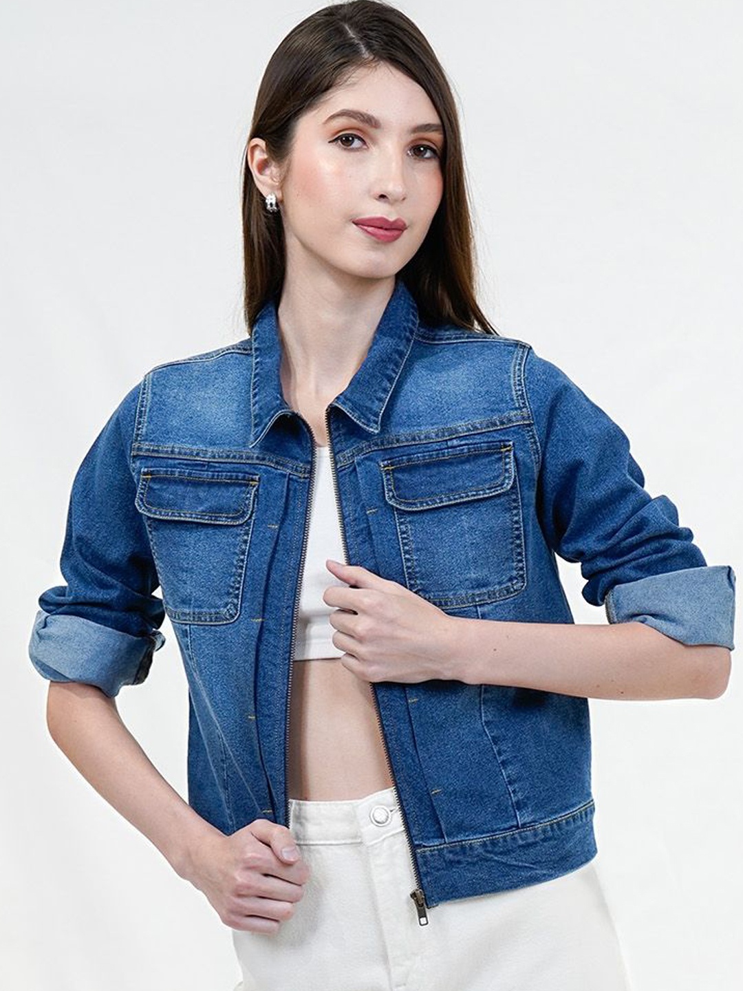 

COSMIC TRIO Women Washed Lightweight Denim Jacket, Navy blue