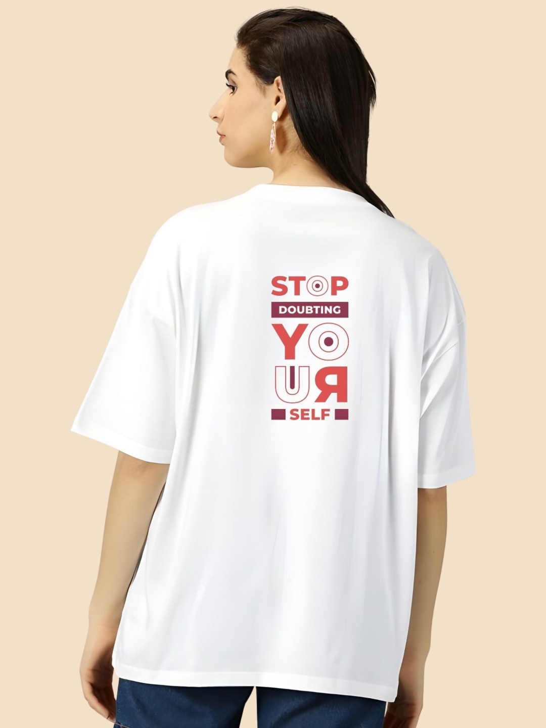 

SZN Women Typography Printed Round Neck Cotton Oversized T-shirt, White
