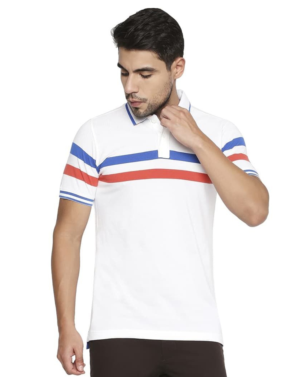 

Basics Men Striped Polo Collar Cotton T-shirt, White