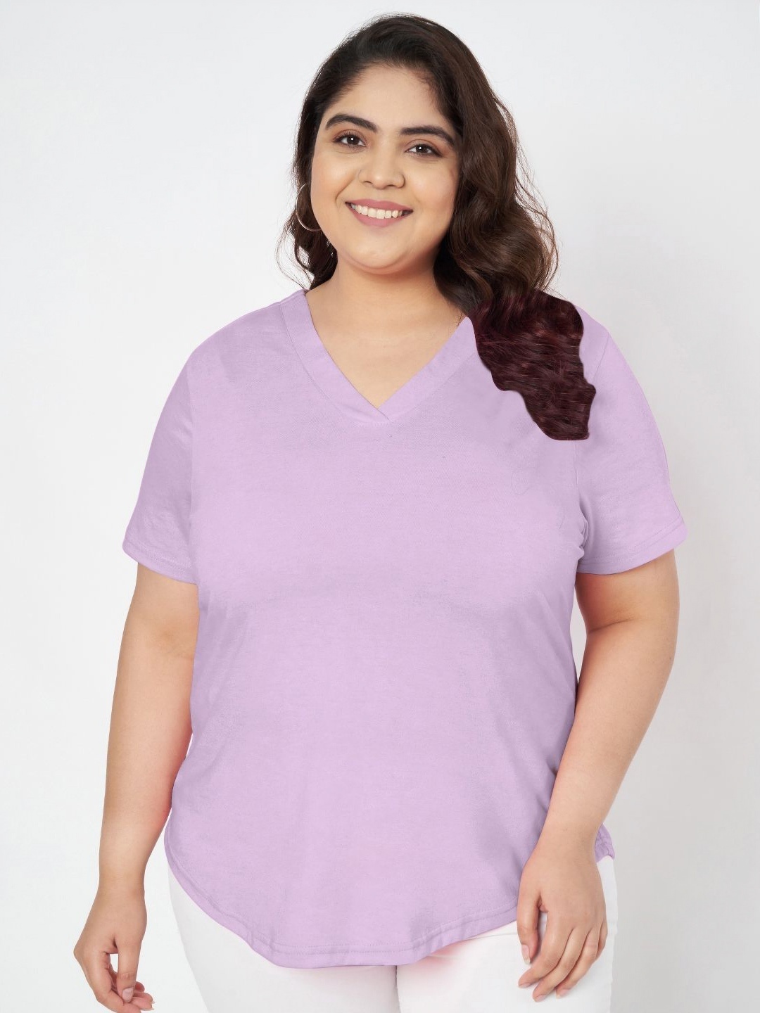 

BRINNS Women Plus Size Solid V-Neck Cotton T-shirt, Lavender