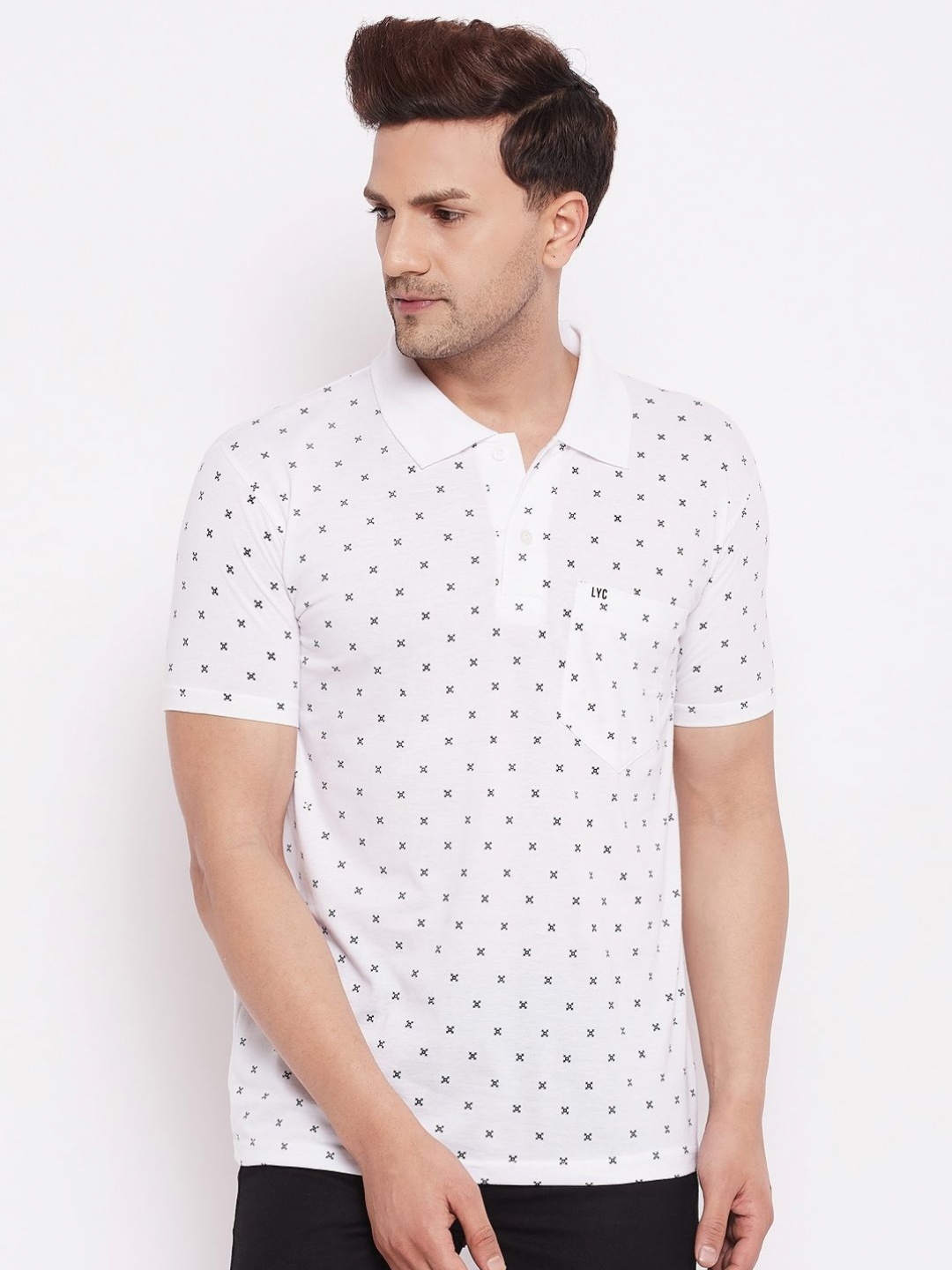 

LYCOS Men Geometric Printed Polo Collar Cotton T-shirt, White