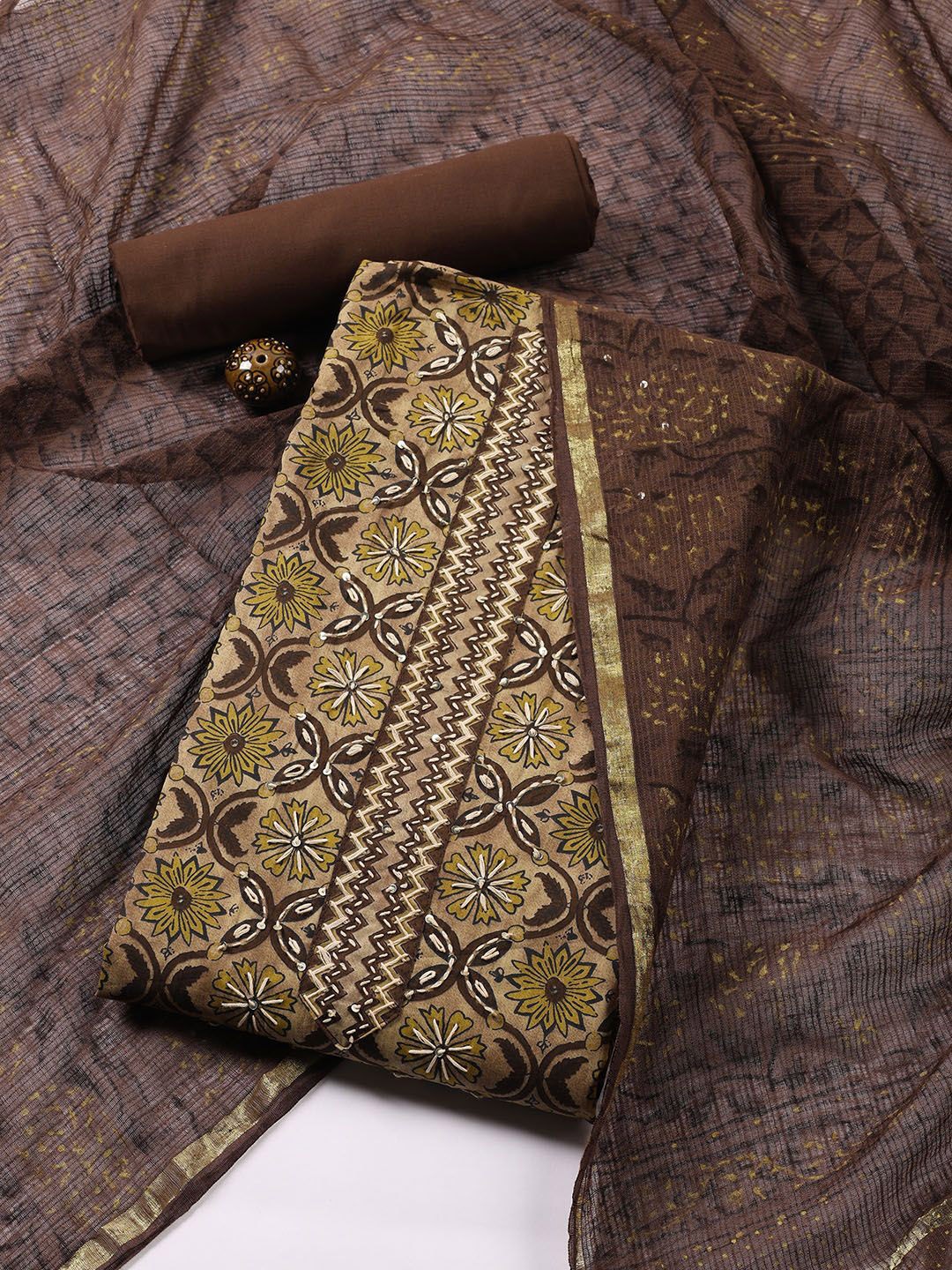 

Meena Bazaar Floral Embroidered Sequinned Cotton Unstitched Dress Material, Brown