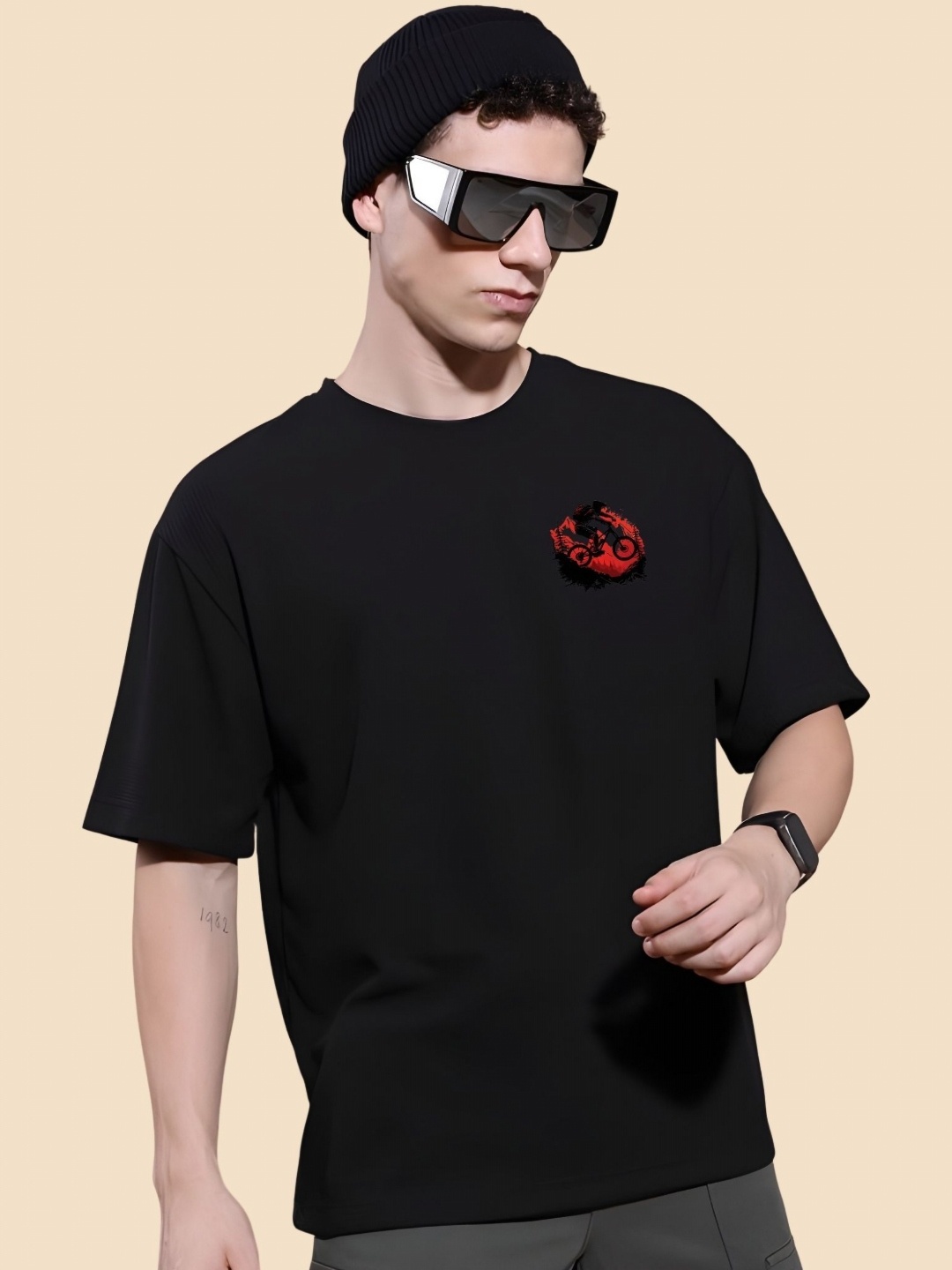 

SZN Men Graphic Printed Round Neck Cotton Oversized T-shirt, Black