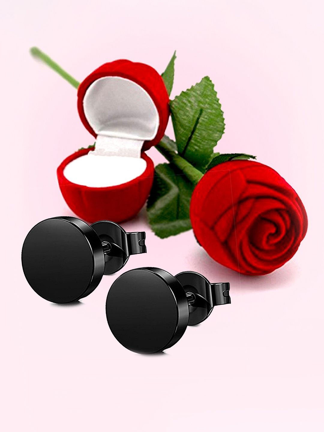 

Peora Men Stainless Steel Spherical Shaped Studs With Red Rose Jewellery Box, Black