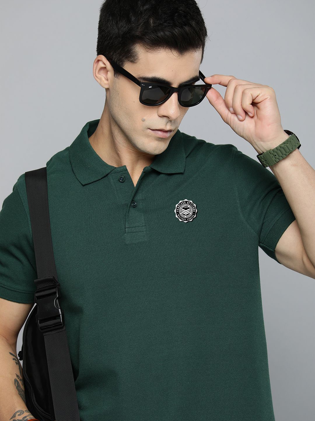 

R.Code by The Roadster Lifestyle Co. Men Regular Fit Solid Polo Collar Cotton T-shirt, Green