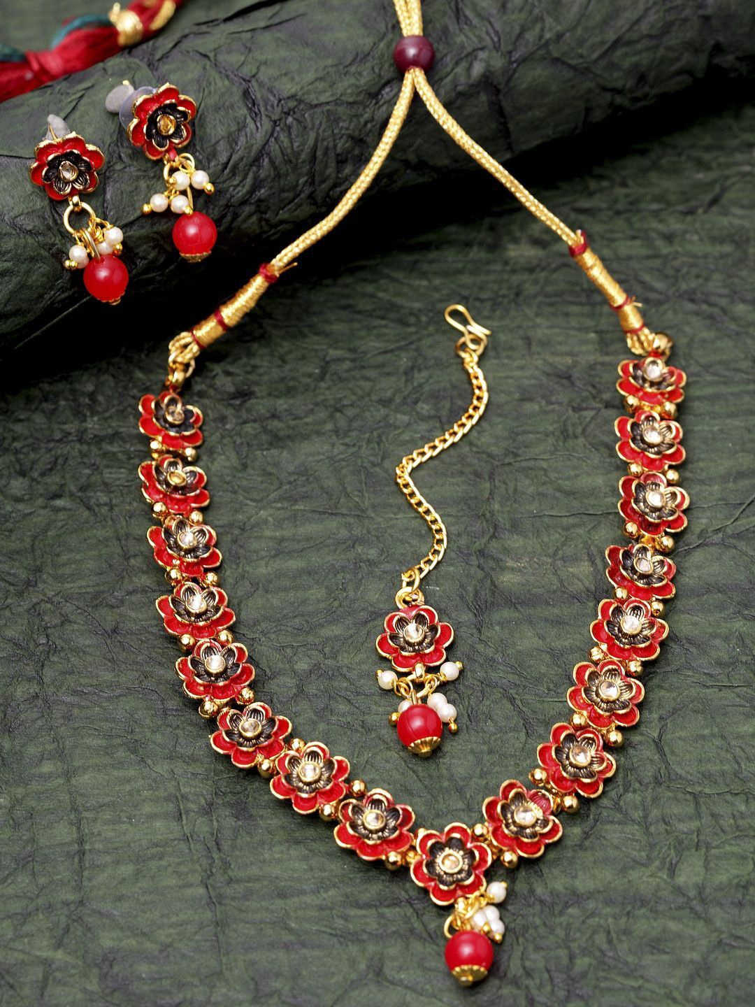 

Anouk Gold-Plated Artificial Stones Studed & Beaded Enamelled Choker Necklace And Earrings, Red