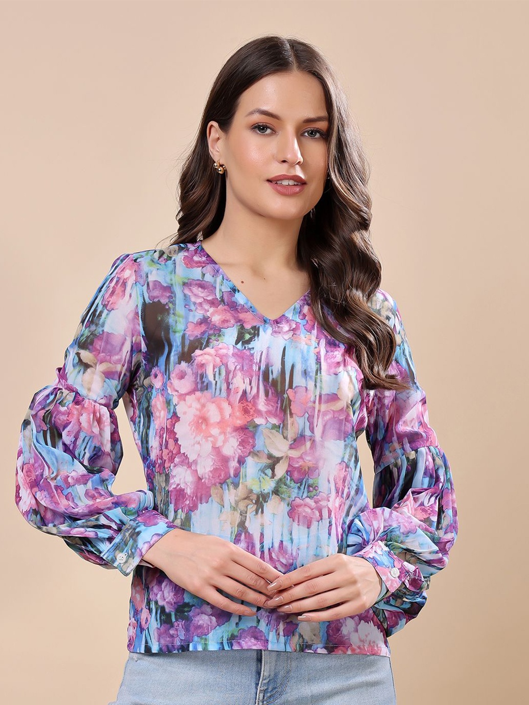 

Moda Rapido Floral Print Bishop Sleeves Georgette Tube Top, Purple