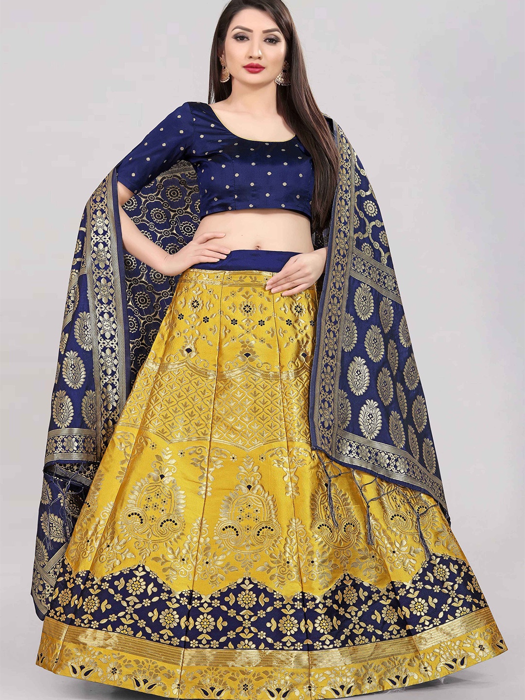 

DIVASTRI Woven Design Zari Semi-Stitched Lehenga & Unstitched Blouse With Dupatta, Navy blue