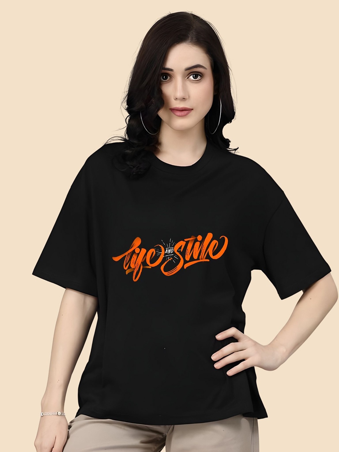 

SZN Women Typography Printed Round Neck Cotton Oversized T-shirt, Black