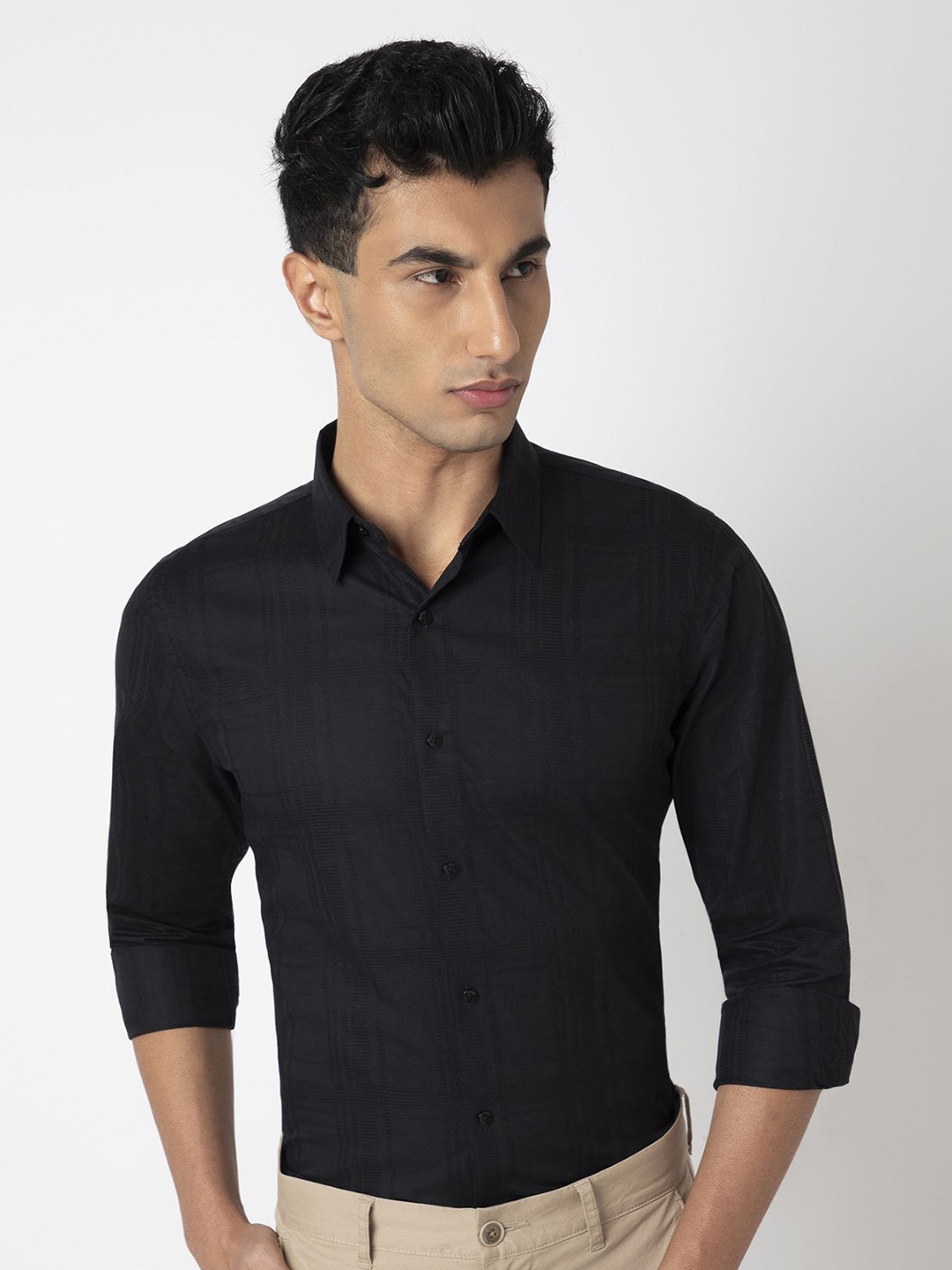 

MARK & ALBERT Men India Slim Fit Spread Collar Textured Cotton Casual Shirt, Black