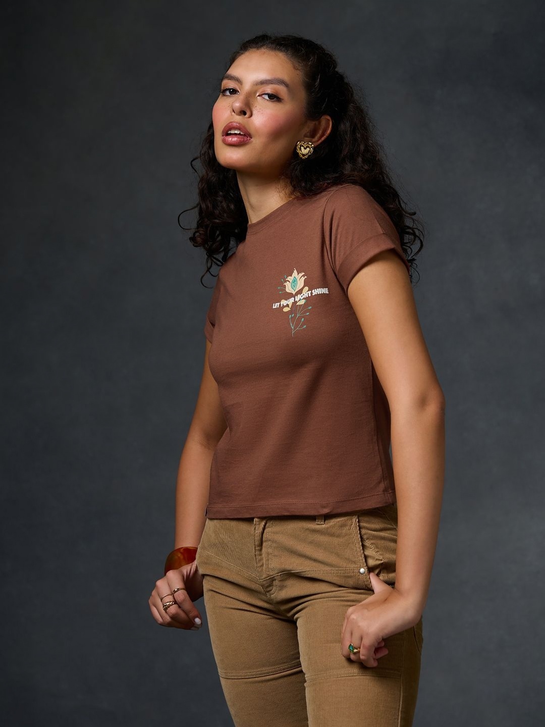 

Saaki Women Graphic Printed Round Neck Cotton Slim Fit T-shirt, Brown