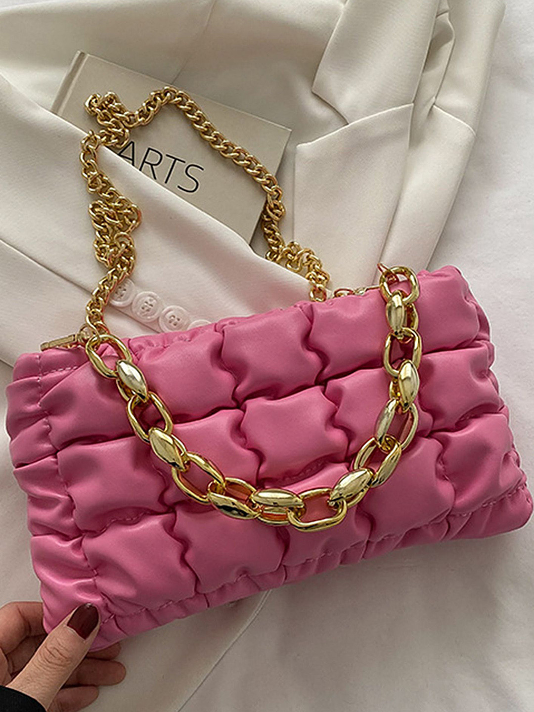 

LULU & SKY PU Bucket Handheld Bag with Quilted, Pink