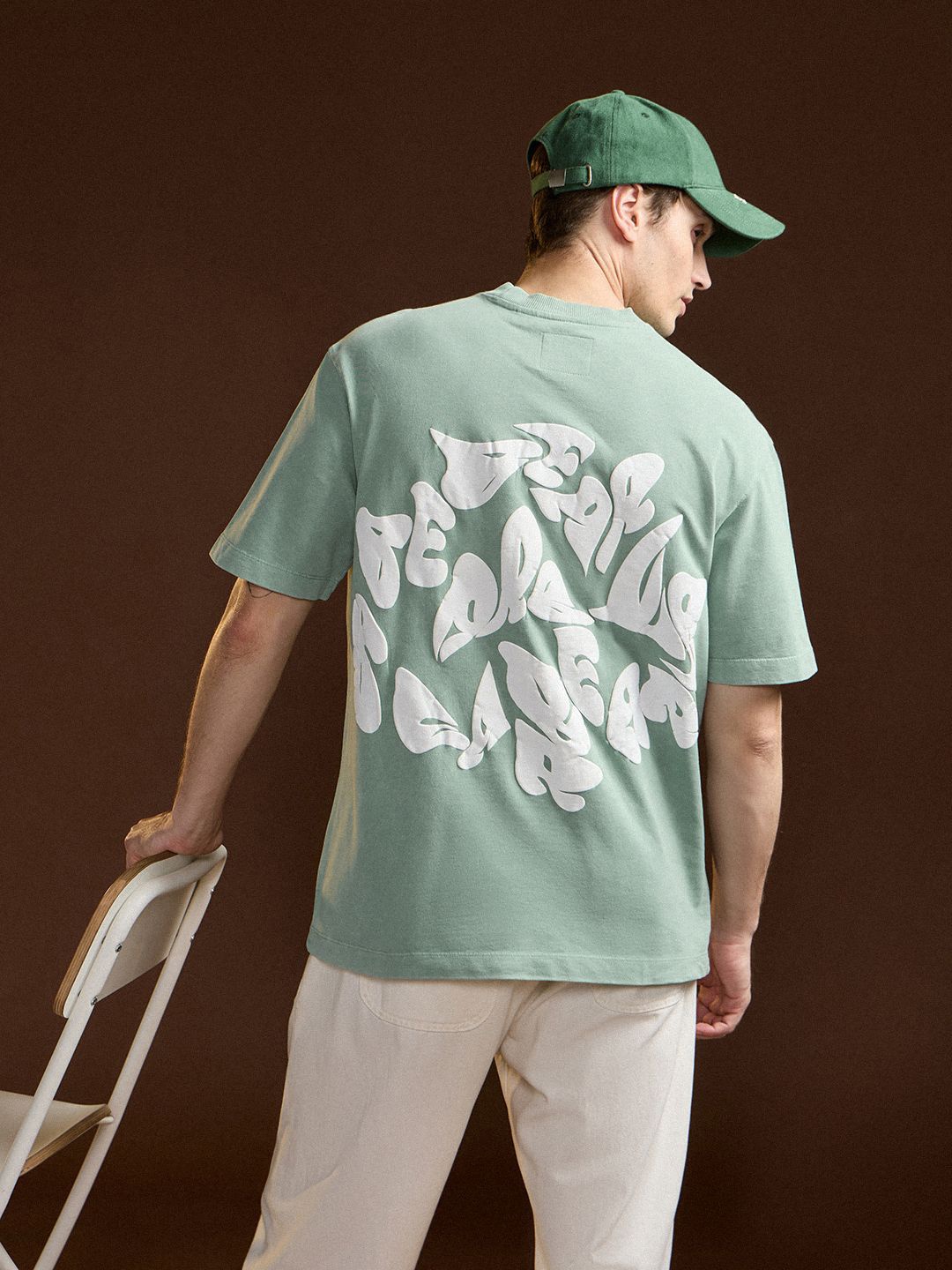 

THE BEAR HOUSE Men Typography Printed Round Neck Cotton Oversized T-shirt, Green
