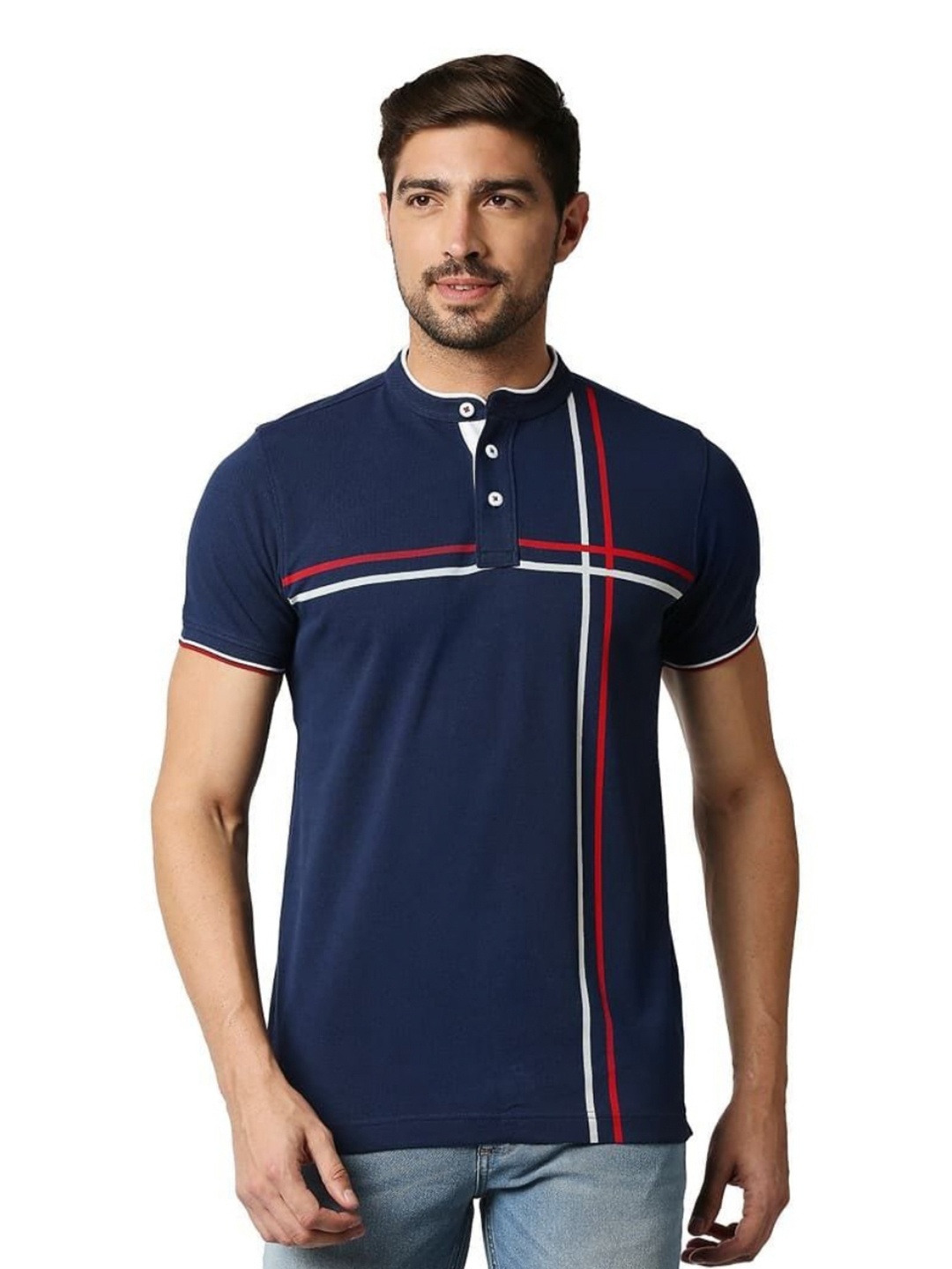 

Basics Men Striped Mandarin Collar Cotton T-shirt, Navy blue