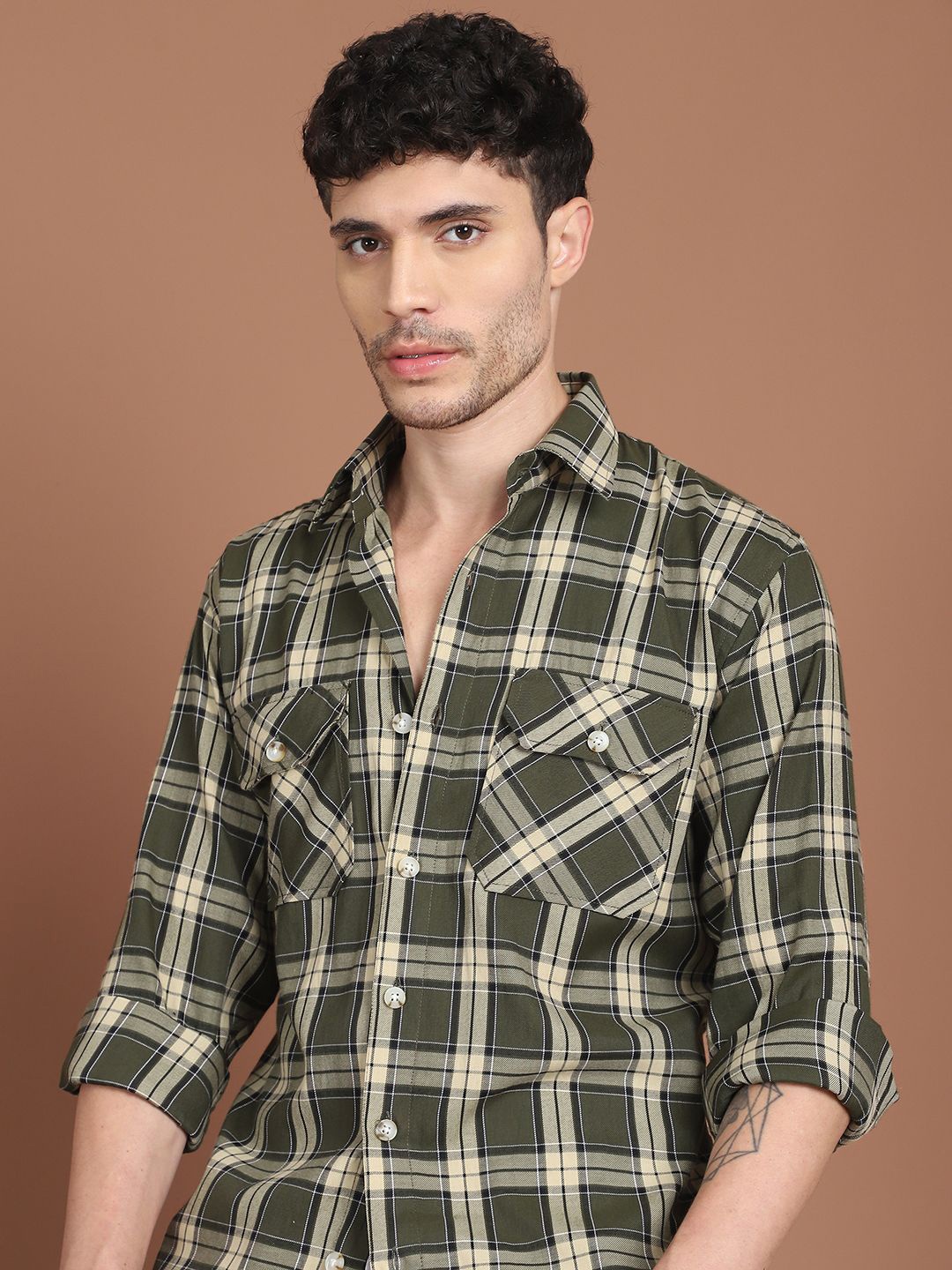 

Indian Needle Men Classic Tartan Checks Opaque Checked Casual Shirt, Olive