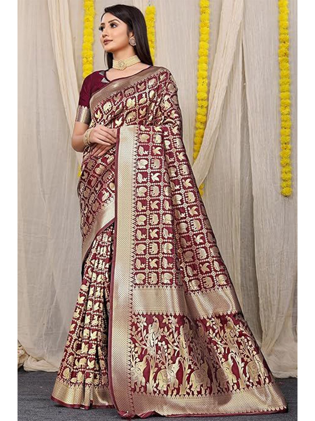 

Florence Woven Design Zari Pure Silk Kanjeevaram Saree, Maroon