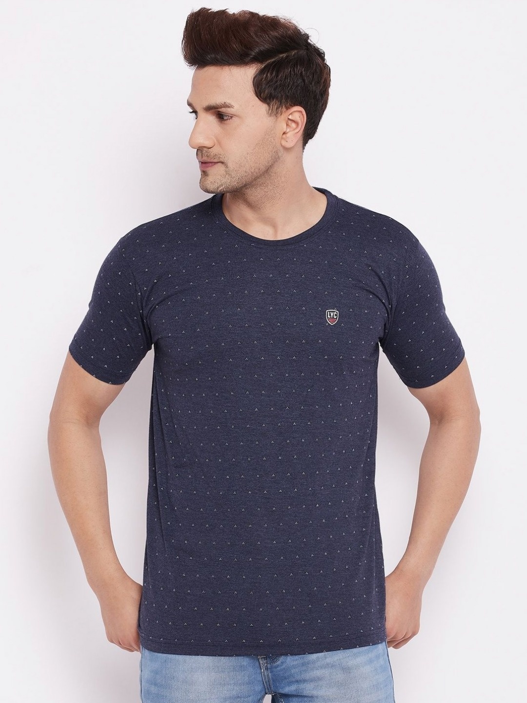 

LYCOS Men Geometric Printed Round Neck Cotton T-shirt, Navy blue