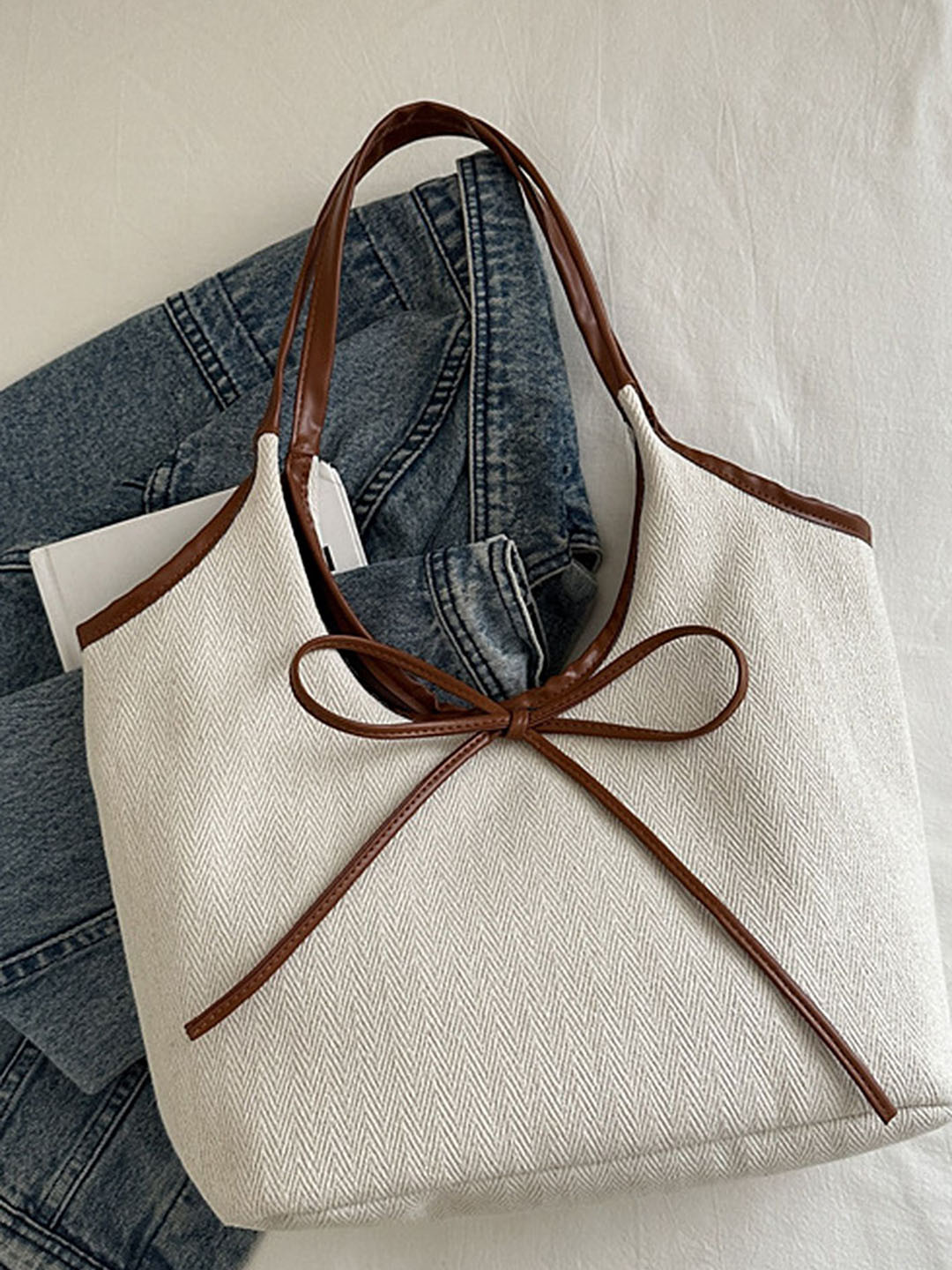 

LULU & SKY Oversized Bucket Handheld Bag with Bow Detail, Brown