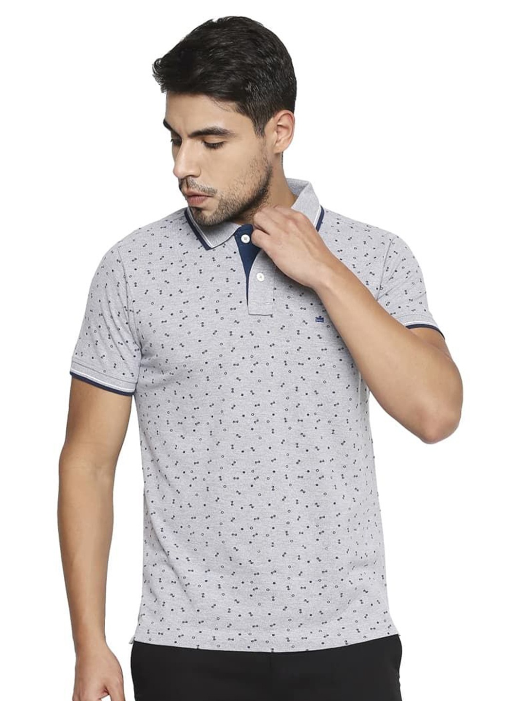 

Basics Men Geometric Printed Polo Collar Cotton Boxy T-shirt, Grey