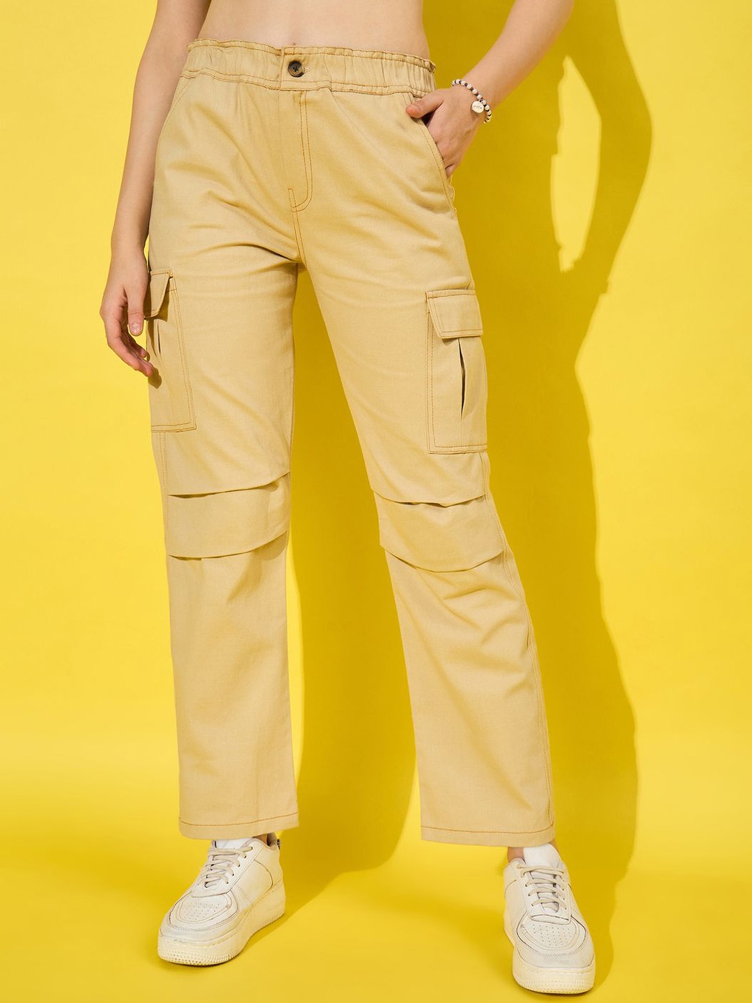

DIMPY GARMENTS Women Relaxed High-Rise Cargos Trousers, Beige