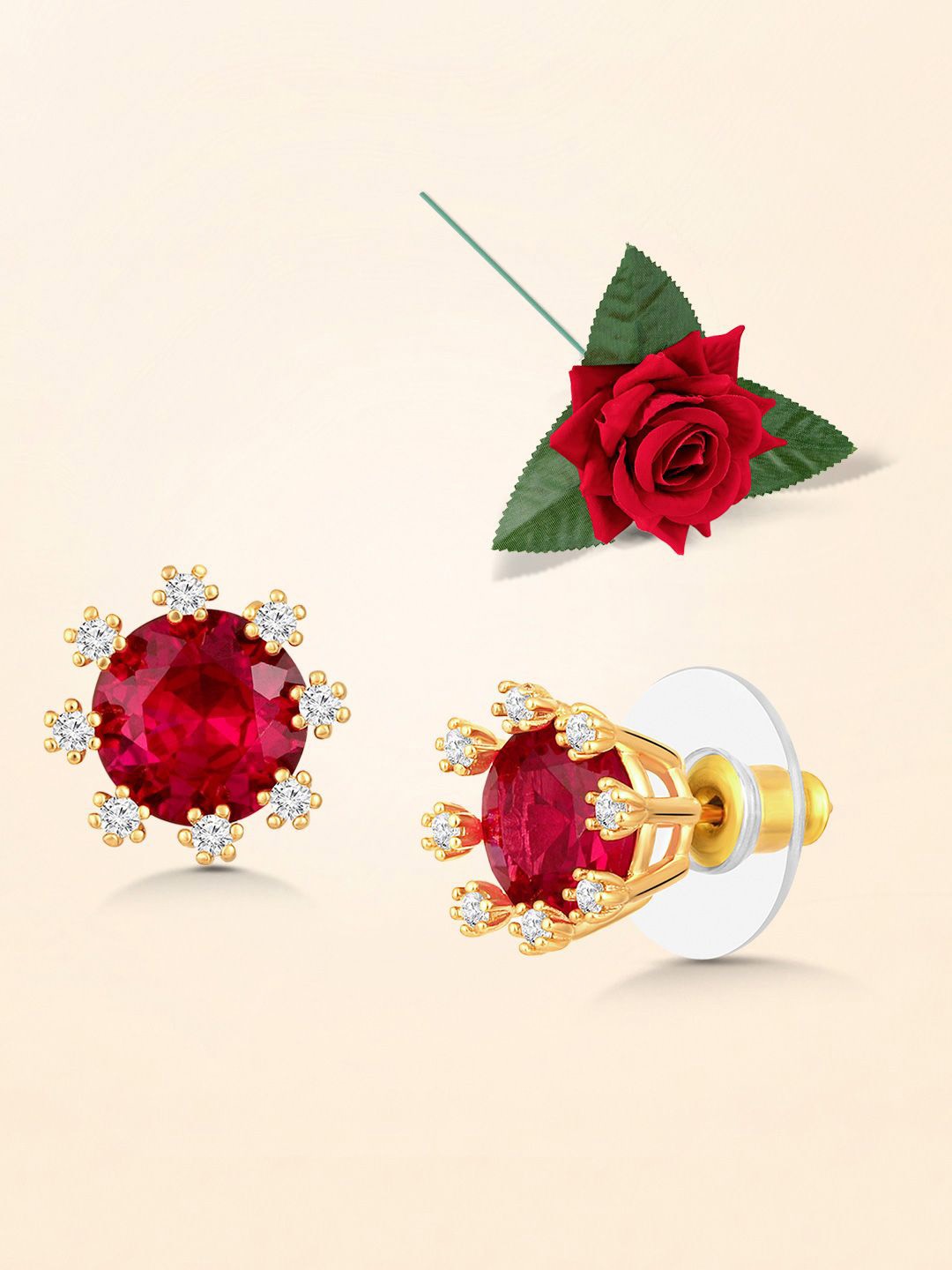 

Peora Gold-Plated Crystals And Solitaire Studded Floral Shaped Studs With Red Rose