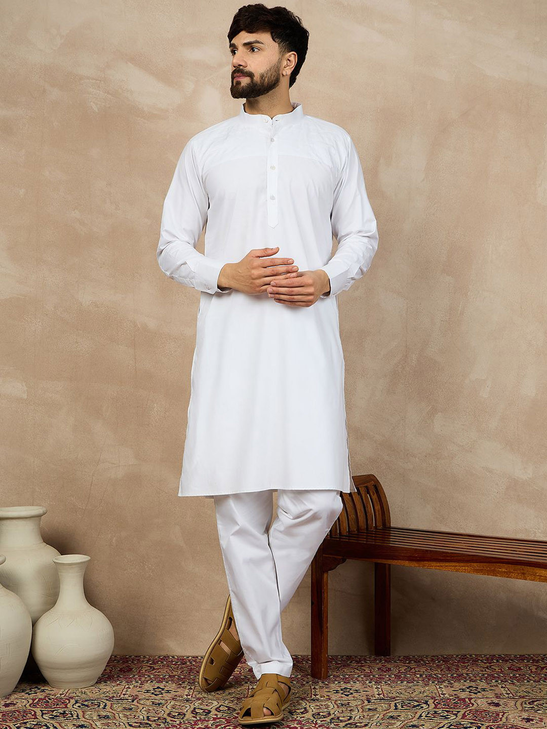 

NABIA Band Collar Straight Pure Cotton Kurta With Pyjamas, White