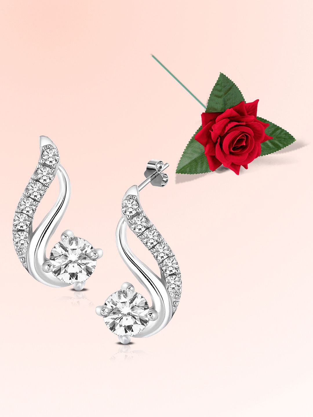 

Peora Silver Plated Cubic Zirconia Studded Contemporary Shaped Studs With One Rose