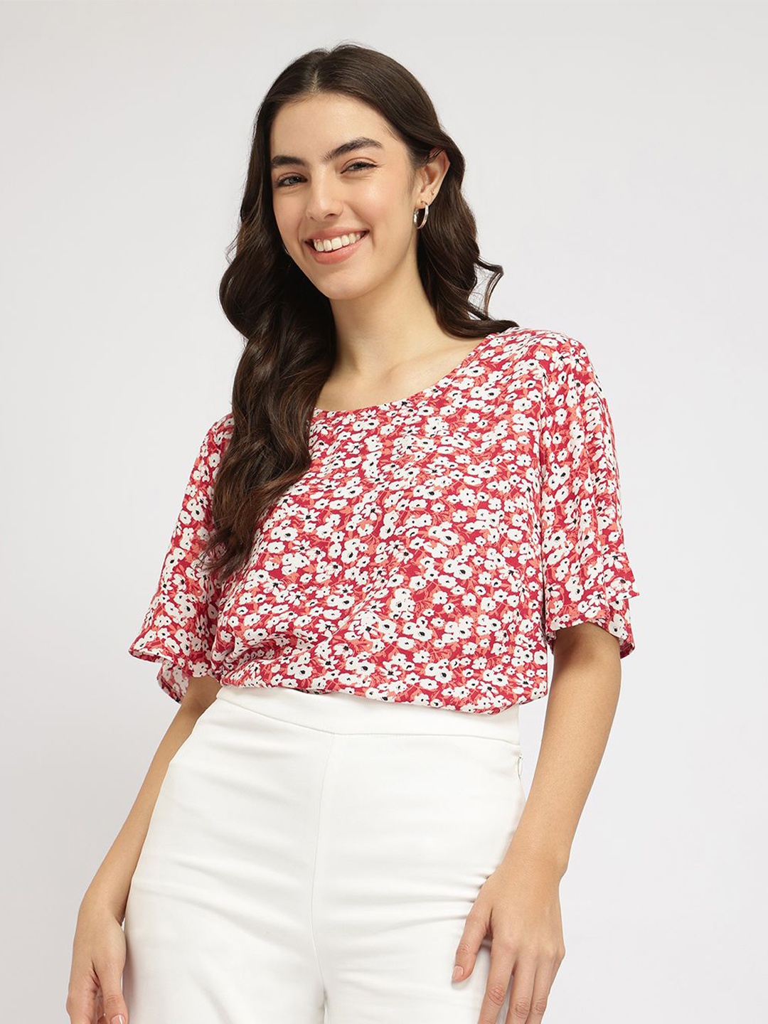 

FableStreet Women Floral Bell Sleeve Top, Maroon