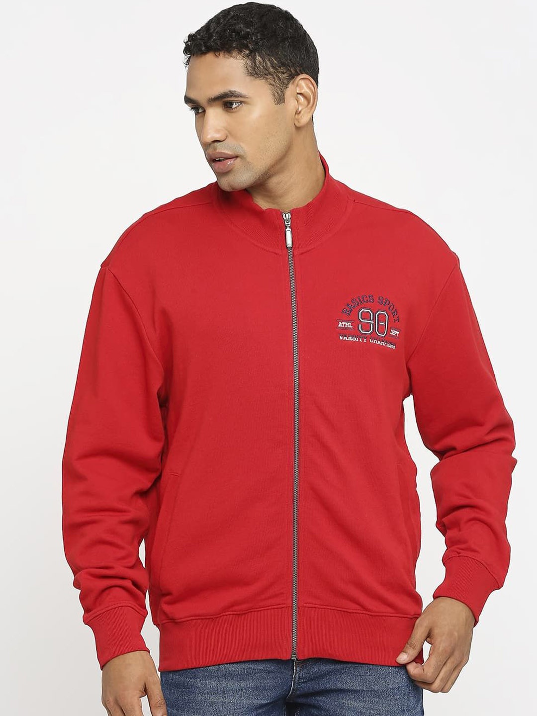 

Basics Men Solid Embroidered Mock Collar Pure Cotton Bomber Jacket, Red