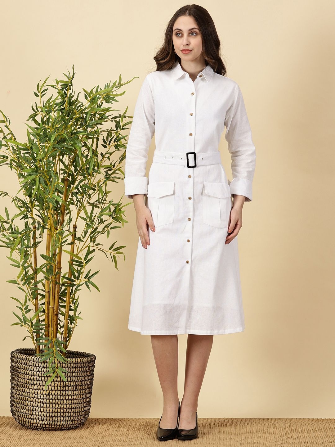 

Indyvarna Women Shirt Midi Dress, White