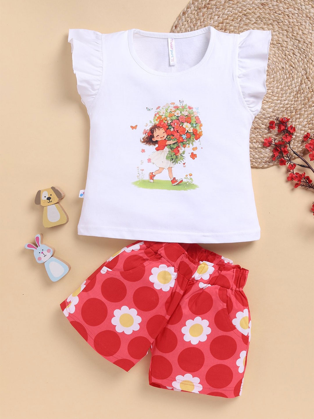 

Toonyport Girls Floral Printed Pure Cotton Top With Shorts, White