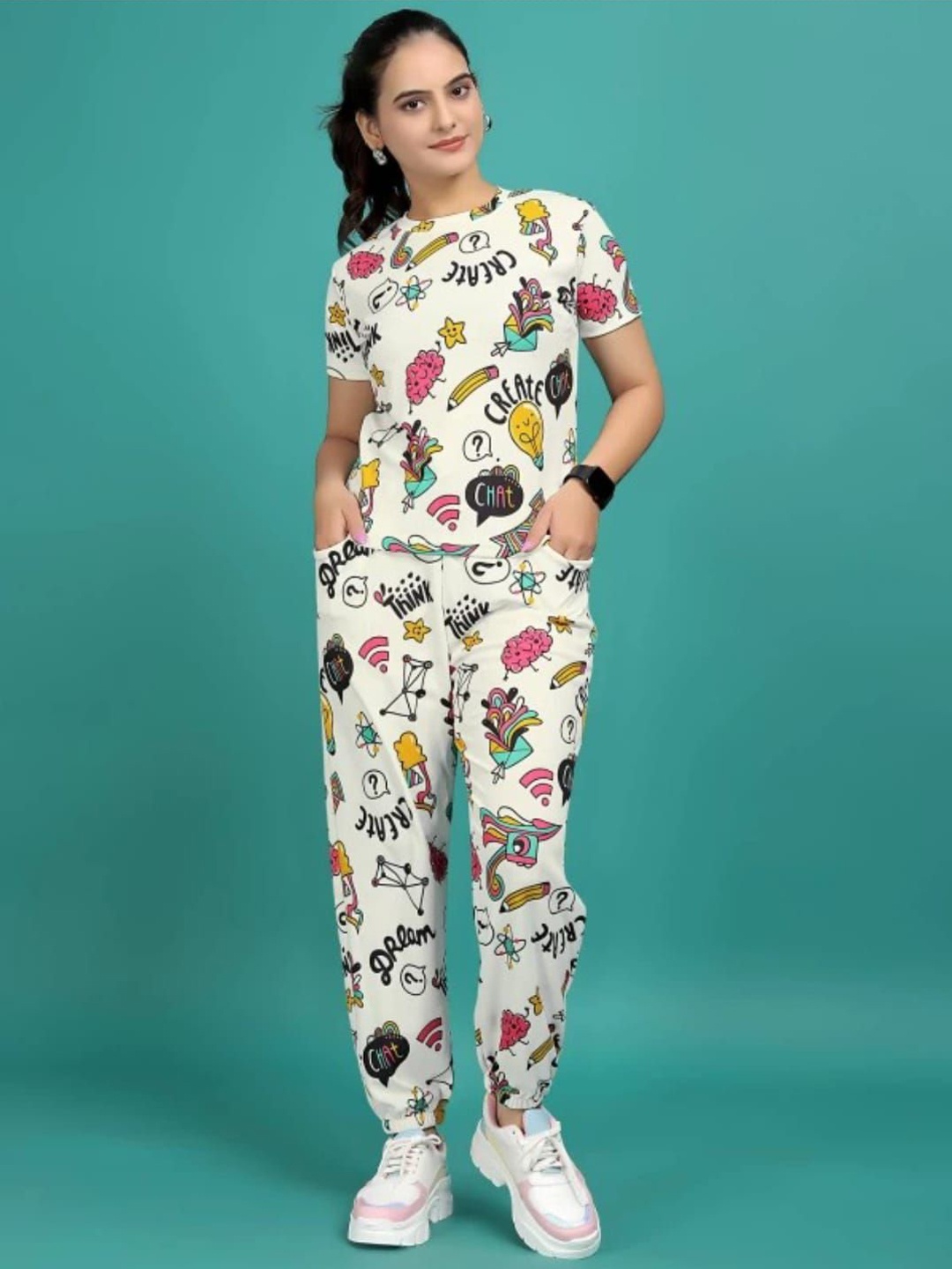 

XPIOX Abstract Printed Pure Cotton Round Neck T-shirt With Trousers, Cream