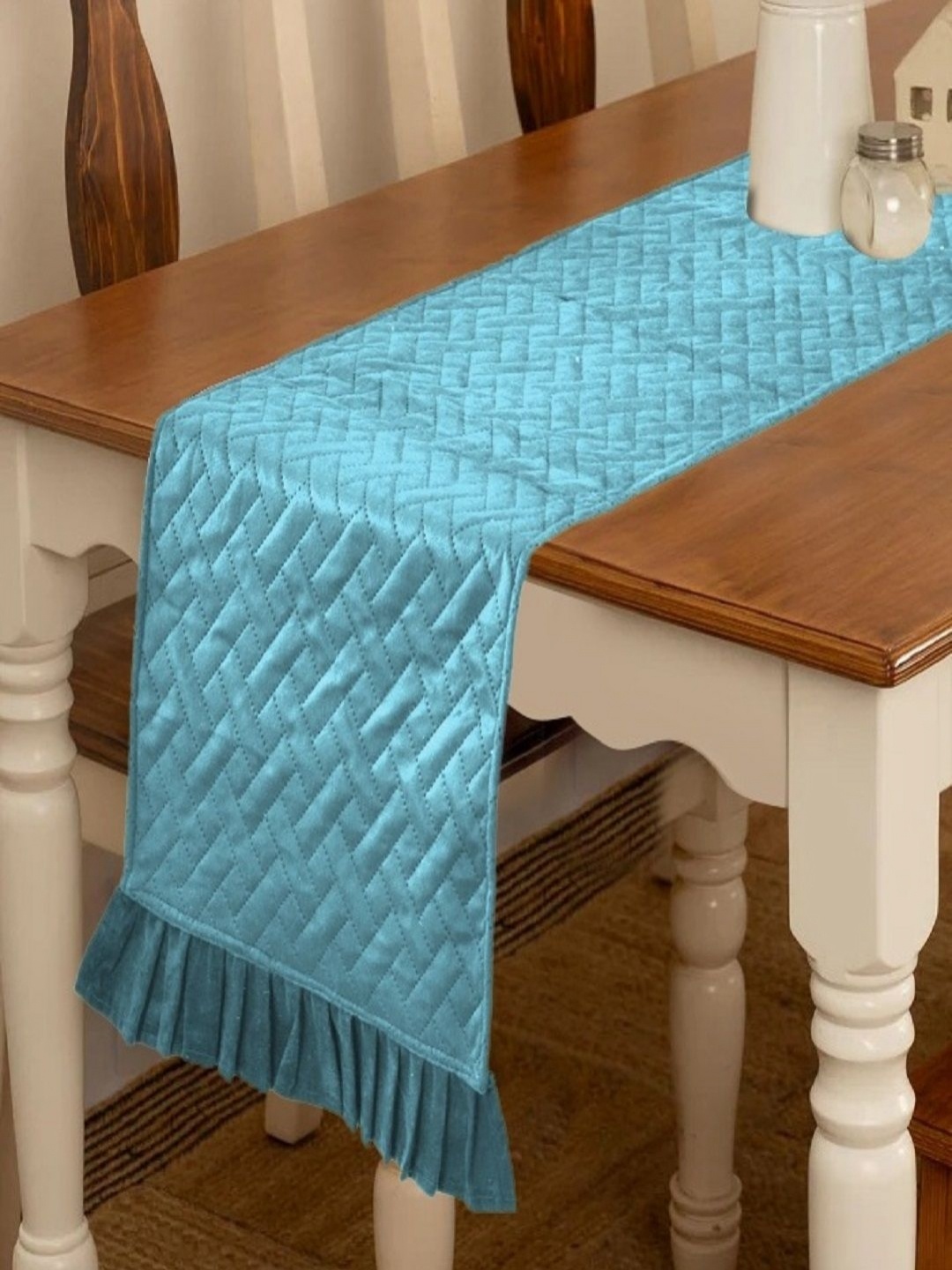 

Myntra Elegant Homes Turquoise Blue Quilted Velvet Table Runner