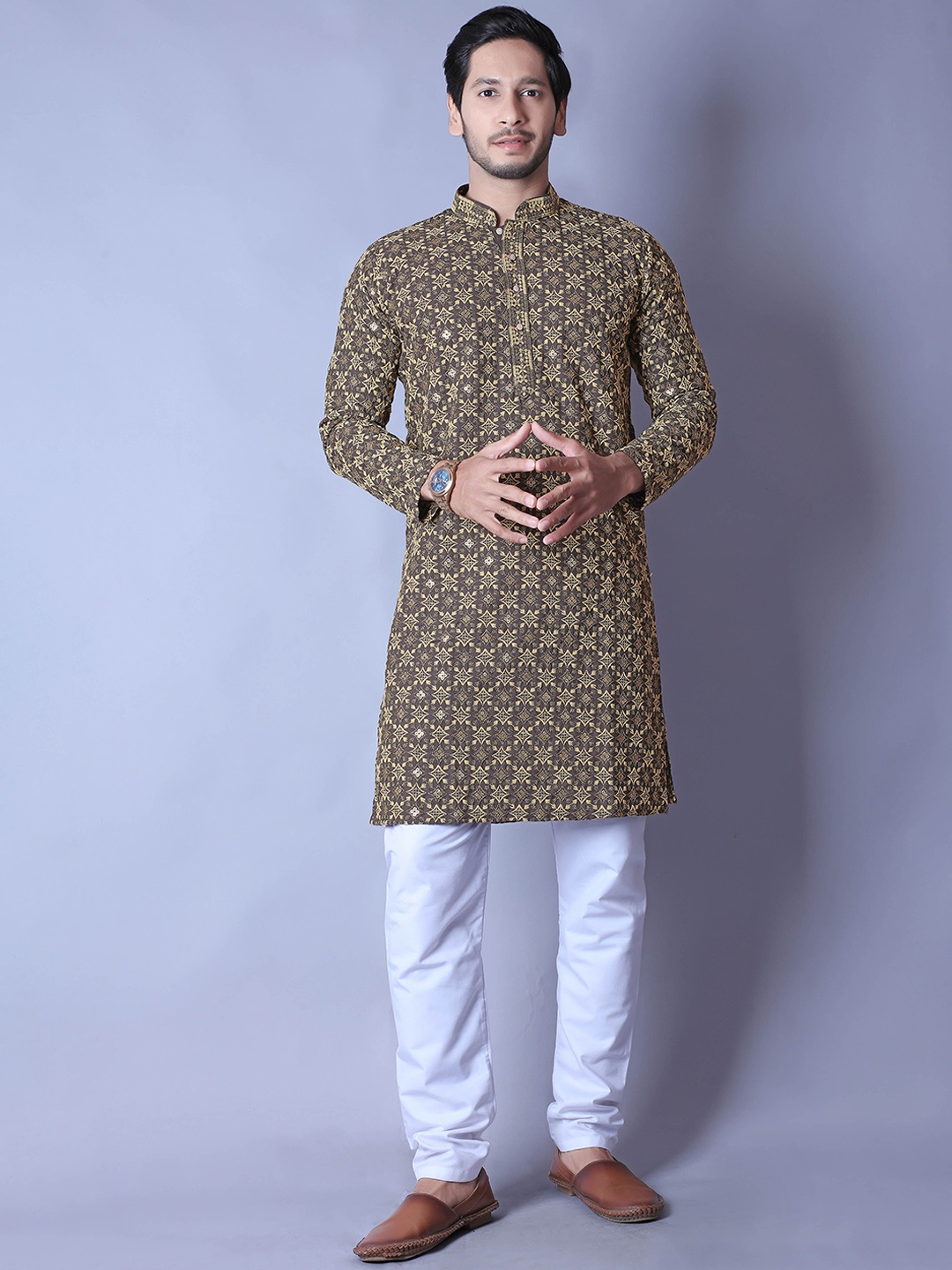 

ALMORA Geometric Printed Band Collar Straight Pure Cotton Kurta with Pyjamas, Grey