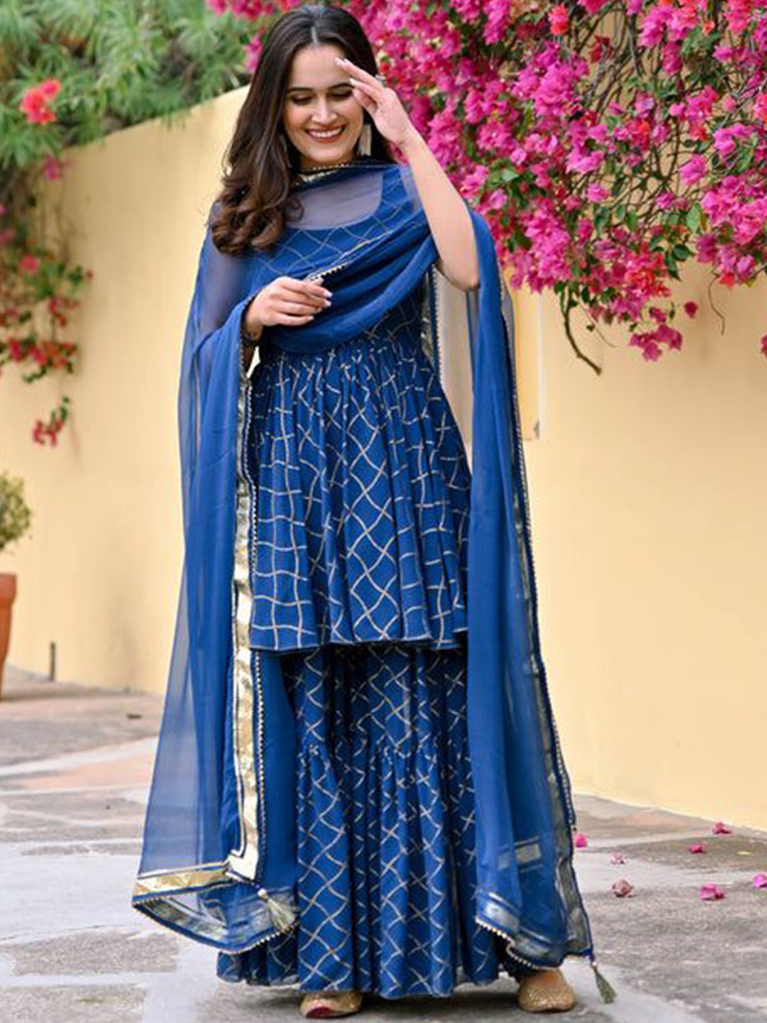 

Shedika Geometric Printed Pleated Pure Cotton Anarkali Kurta with Sharara & Dupatta, Blue