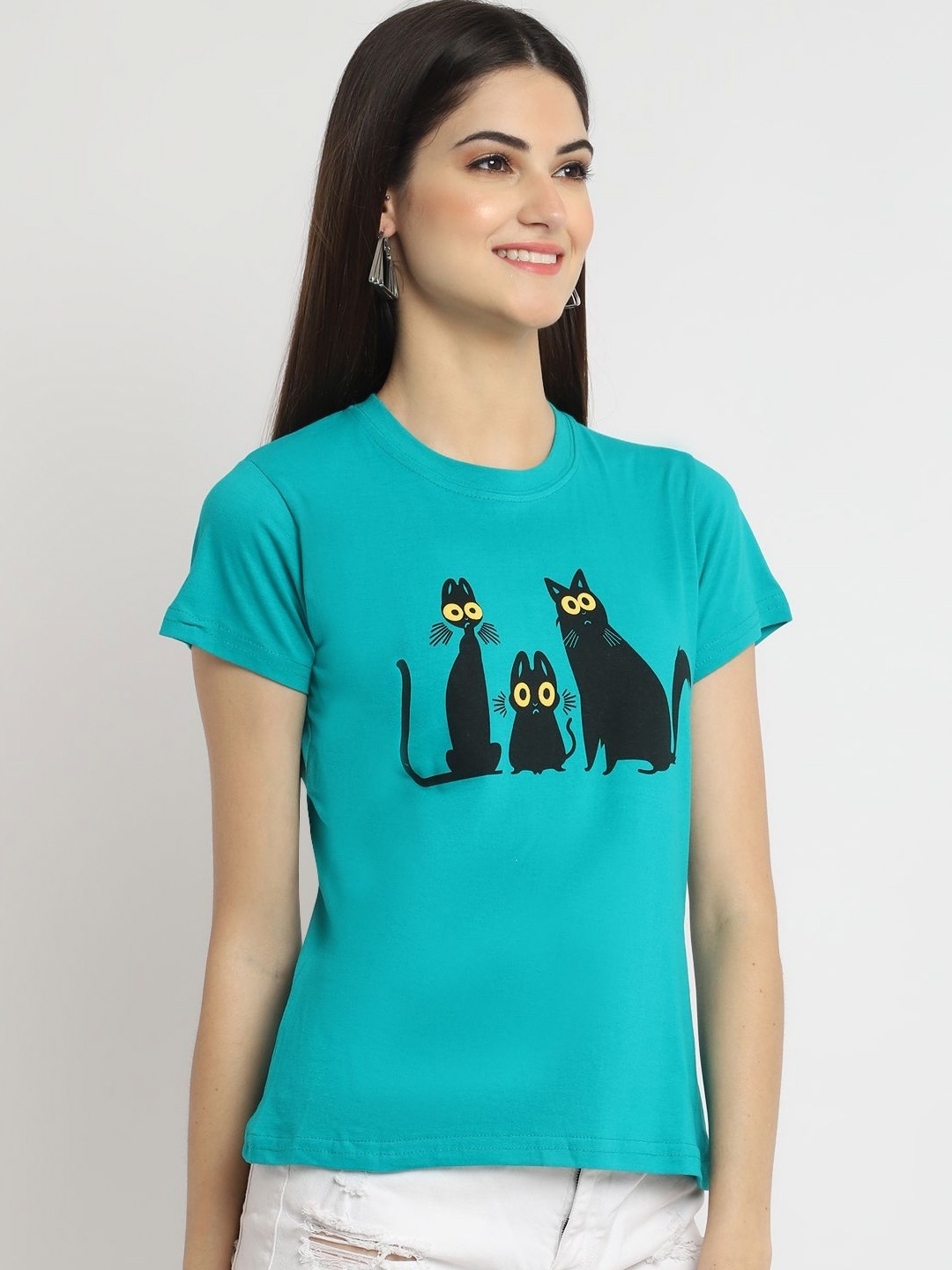 

Tromko Women Graphic Printed Round Neck Regular Fit Cotton T-shirt, Turquoise blue