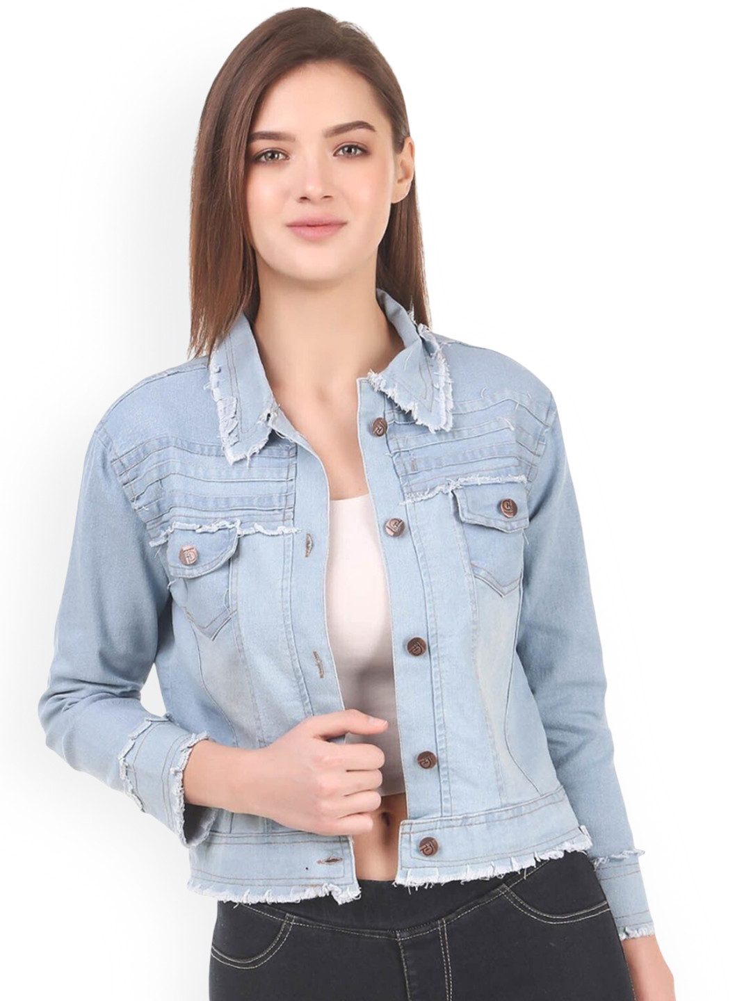 

KASHIAN Women Spread Collar Solid Casual Denim Jacket, Blue