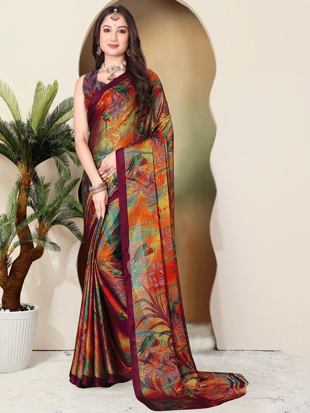 

SUPERLAXMI Floral Pure Chiffon Saree, Orange