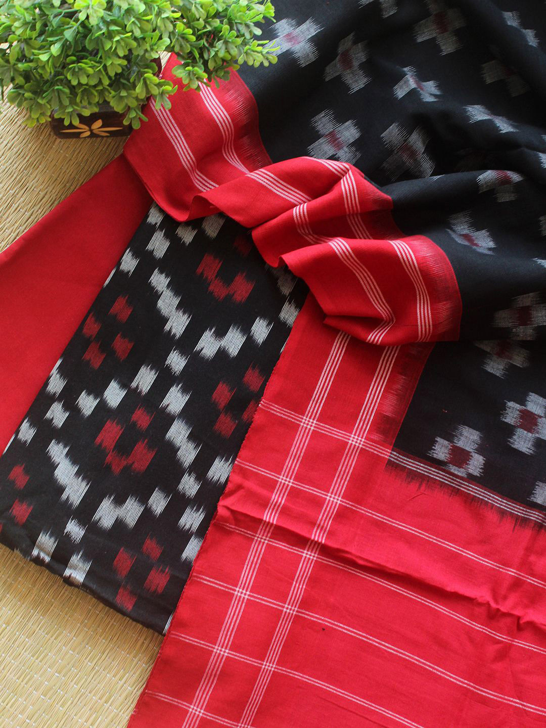 

Weaves of Tradition Ikat Printed Pure Cotton Unstitched Dress Material, Red