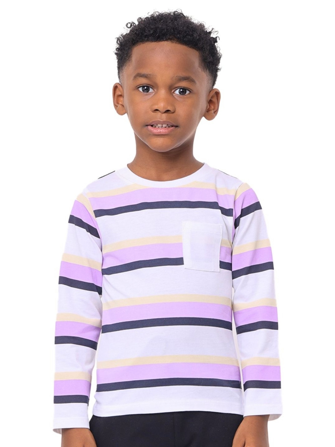 

Nuego Kids Boys Stripe Printed Bio Finish Round Neck Full Sleeve Cotton T-shirt, White